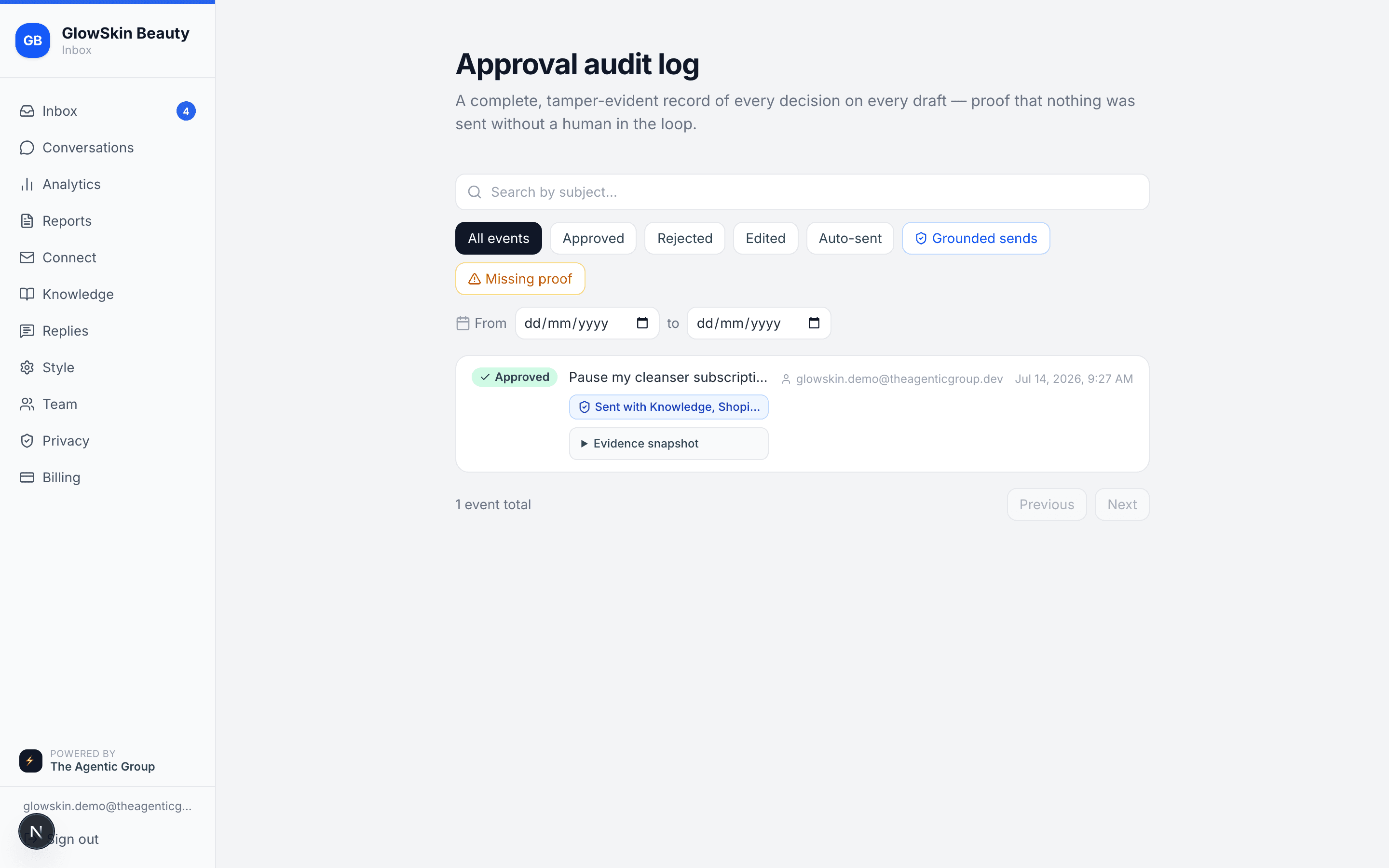 Audit log showing approval evidence and proof