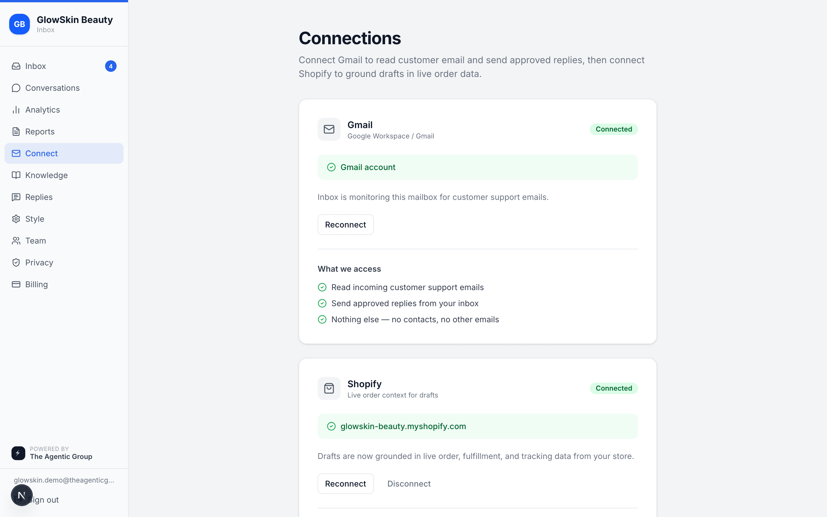 Connect page showing Gmail and Shopify connection status