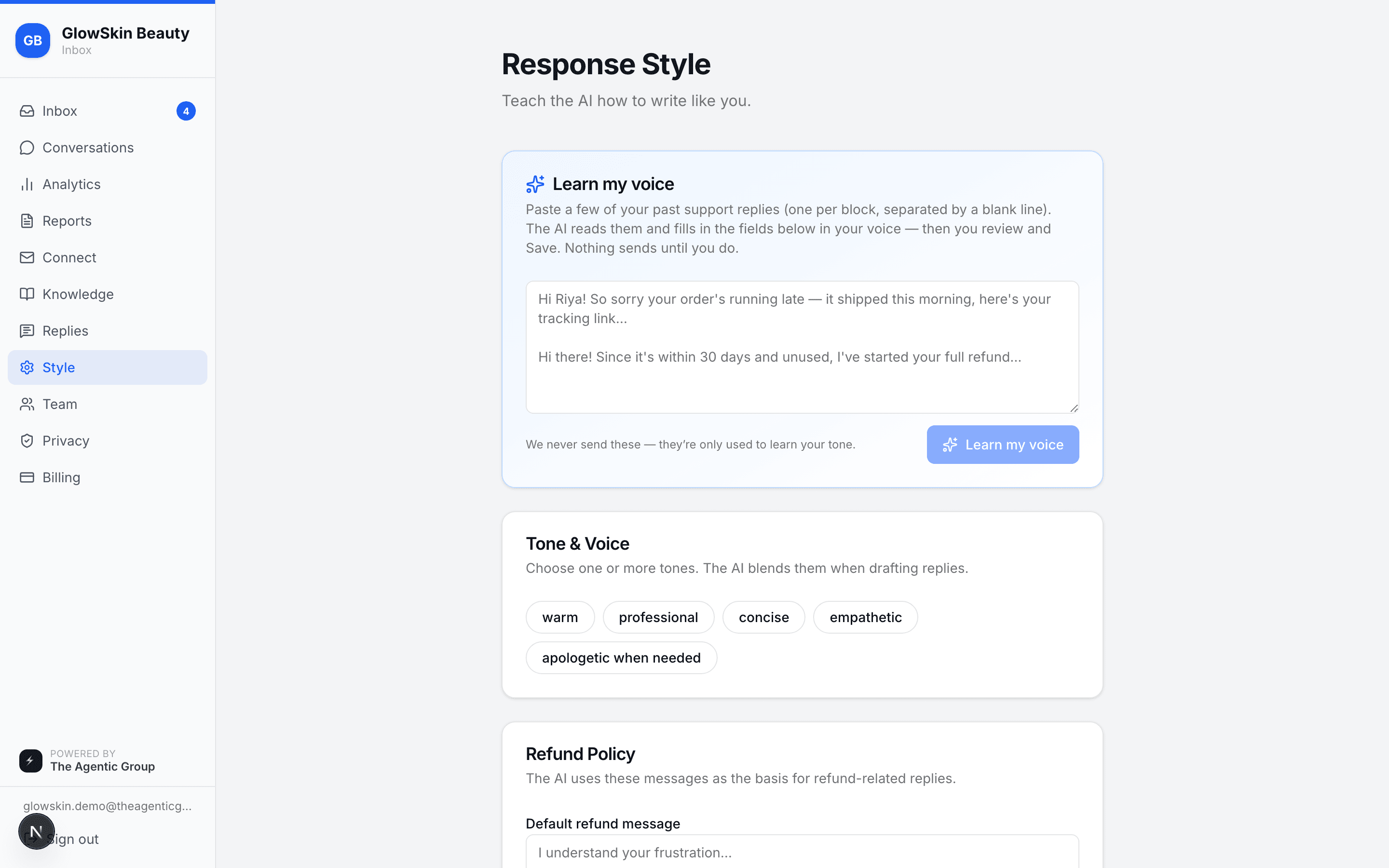 Style and safety settings page for brand voice